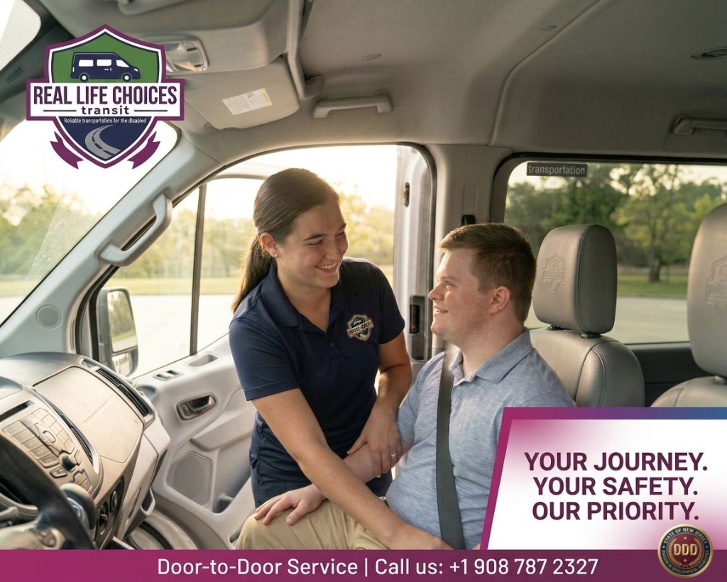 Trained RLC staff assisting a passenger at the vehicle—door-to-door care
